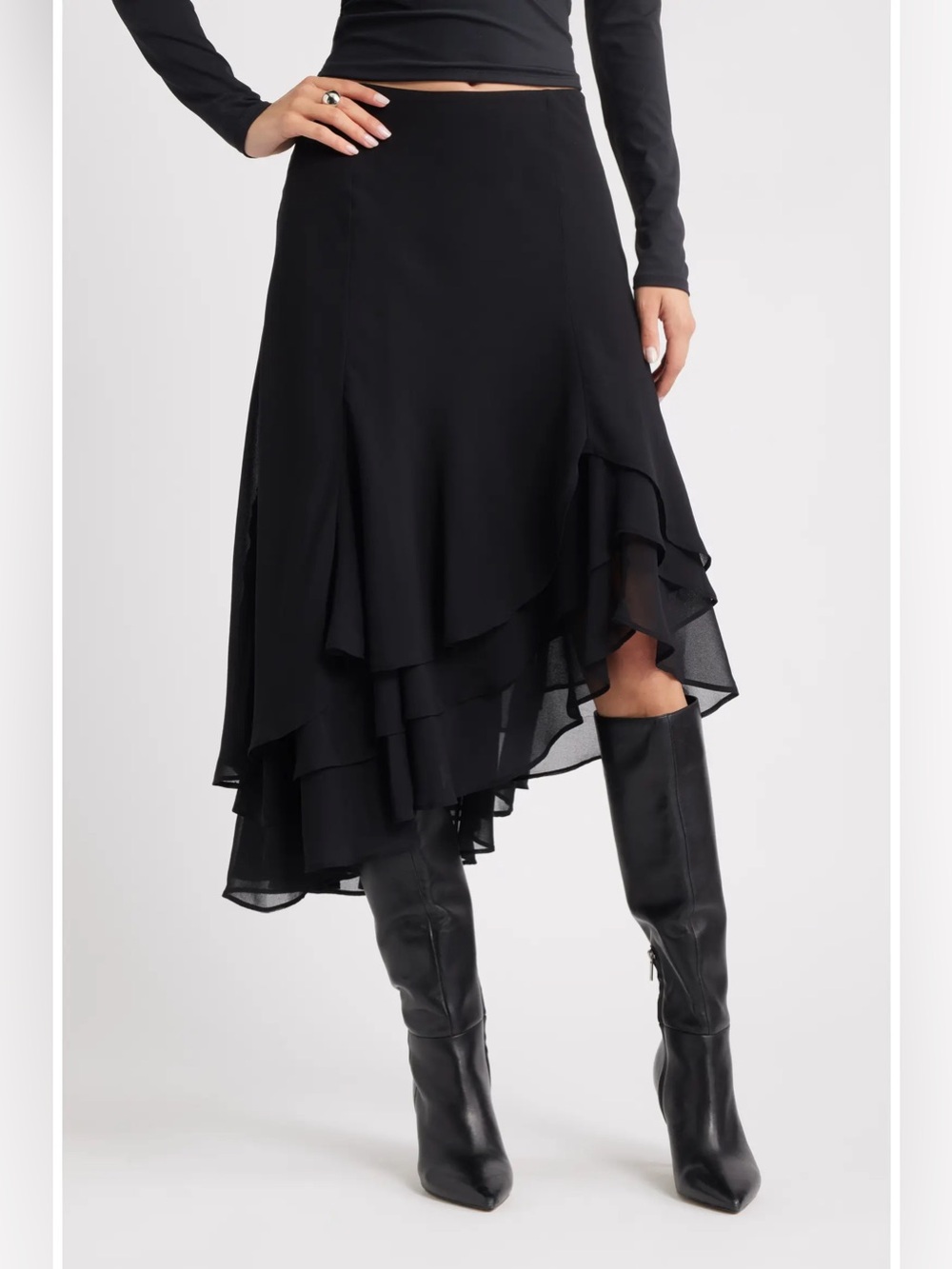 NWOT- Open Edit Layered Asymmetric Chiffon Midi Skirt, Black, size Large